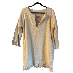 OAS Ecru Odilia Terry Dress Relaxed Side Pockets Cream V Neck Small Fringe